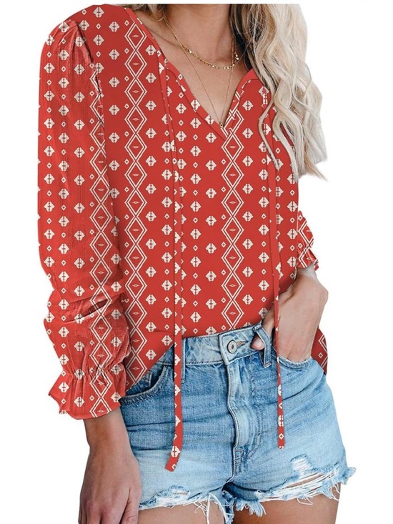 Dokotoo Tops - Red Geo-Print V-Neck Tie Blouse